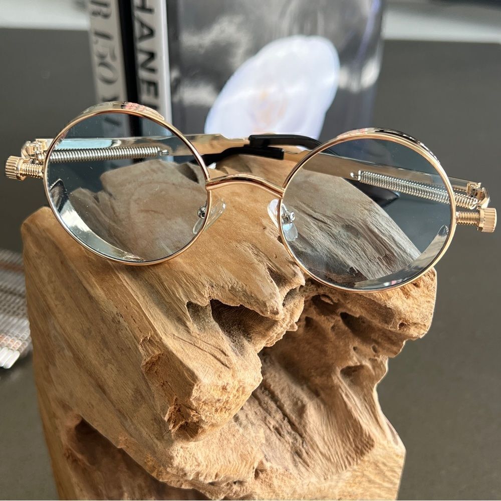 HIGH INTELLECT Round Sunglasses Retro Steampunk In Gold Frame Blue Lenses.